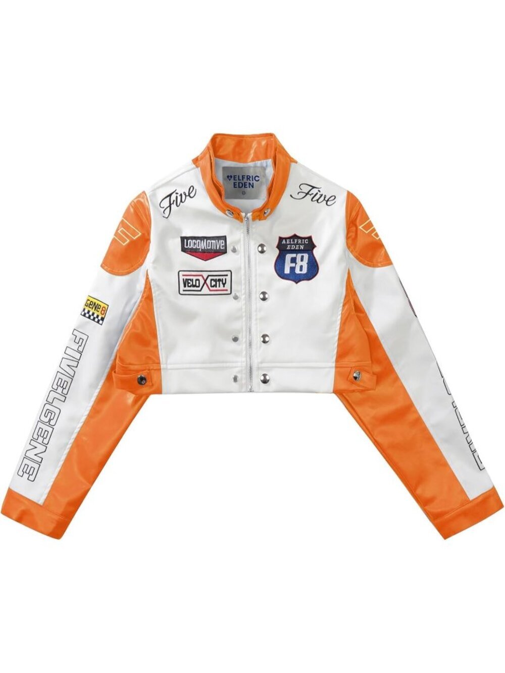 Women's Orange Polyester Blend Crop Biker Racing Trendy Fashion Leather Jacket